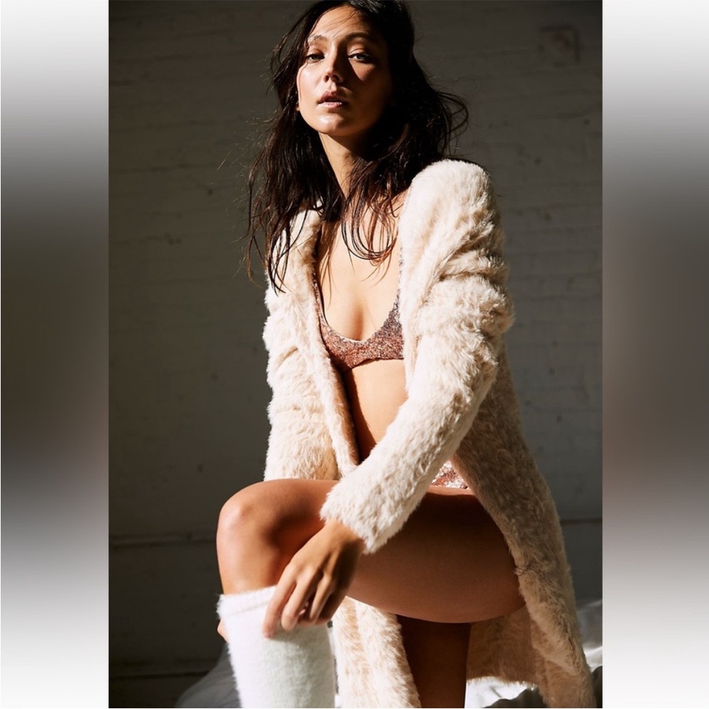 Free People Faux Fur Cardi Open Front Cardigan Sweater - Picture 4 of 16